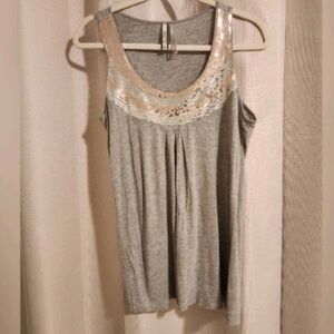 Kische Light Gray Sleeveless Tank with Silver & Gold Sequined Yoke, Size M